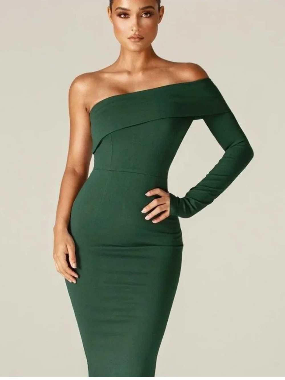 Alieva Rita Women's Emerald One-Shoulder Bodycon Dress with Long Sleeve Xl New